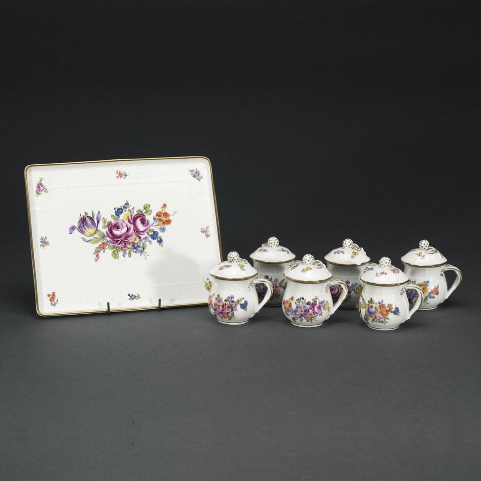 Six Carl Thieme Dresden Custard Cups with Covers and a Rectangular Tray, 20th century