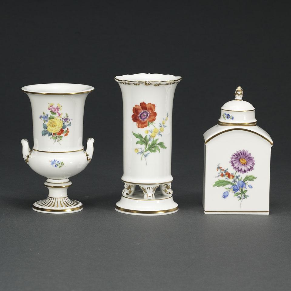 Two Meissen Floral Decorated Vases and a Tea Caddy with Cover, 20th century