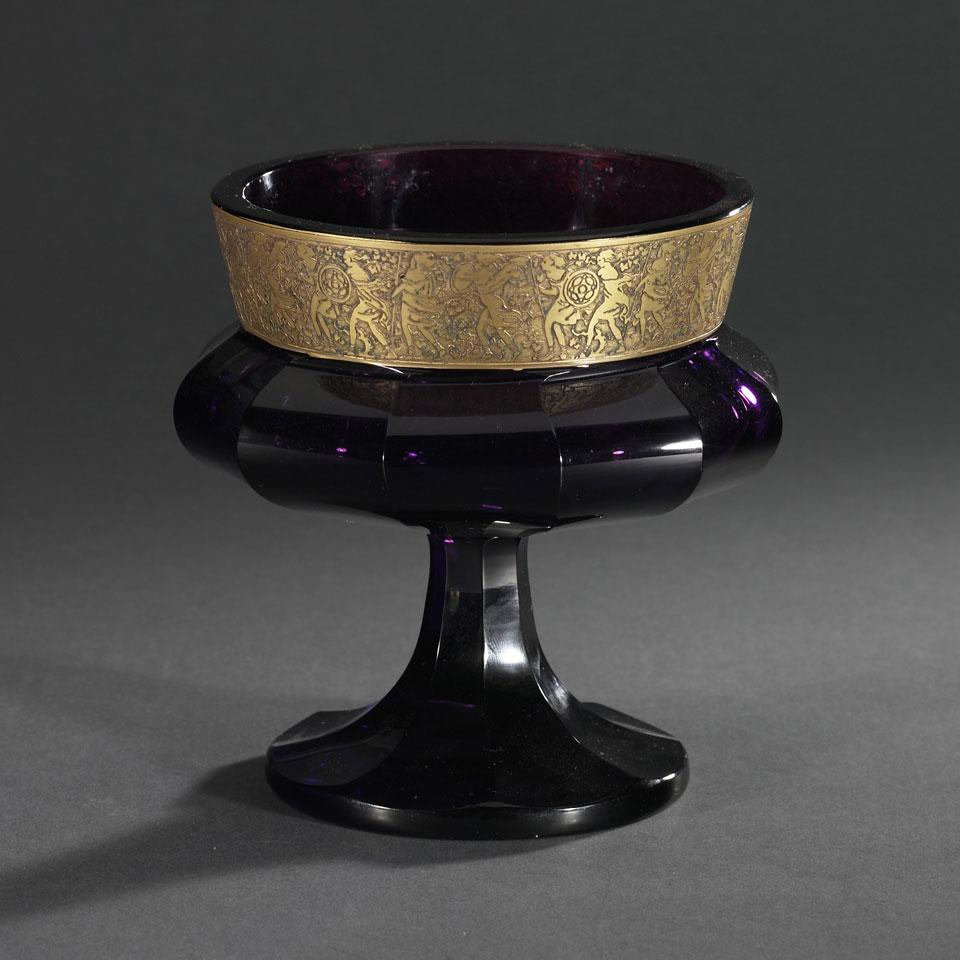 Moser Gilt Banded Amethyst Glass Footed Bowl, early 20th century