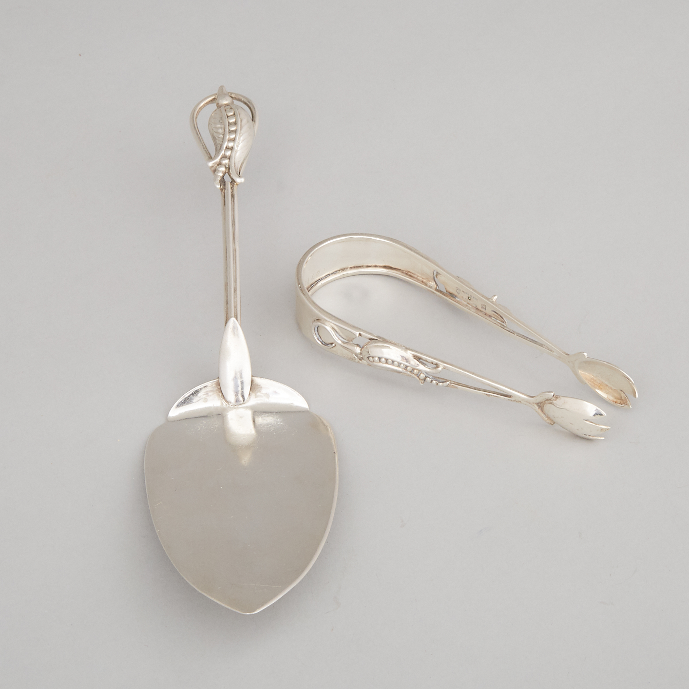 Canadian Silver Pie Server and Sugar Tongs, Carl Poul Petersen, Montreal, Que., mid-20th century