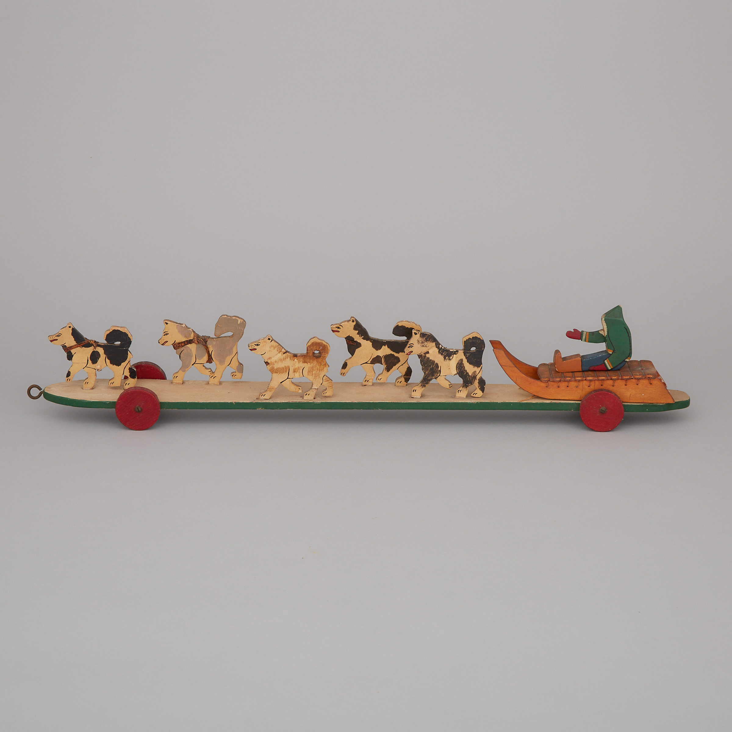 Grenfell Labrador Industries Painted Wood Model Dog Sled Team Pull Toy, c.1930