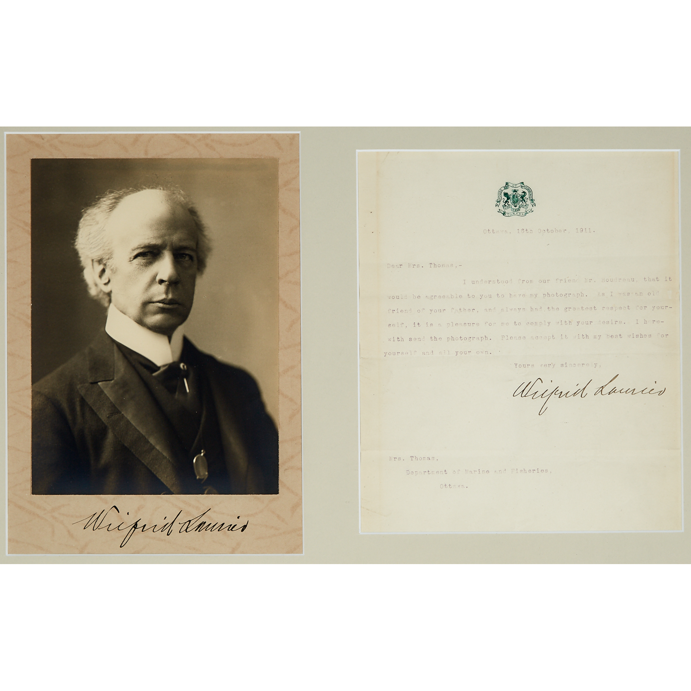 Sir Wilfrid Laurier Autographed Portrait and Letter, 1911 