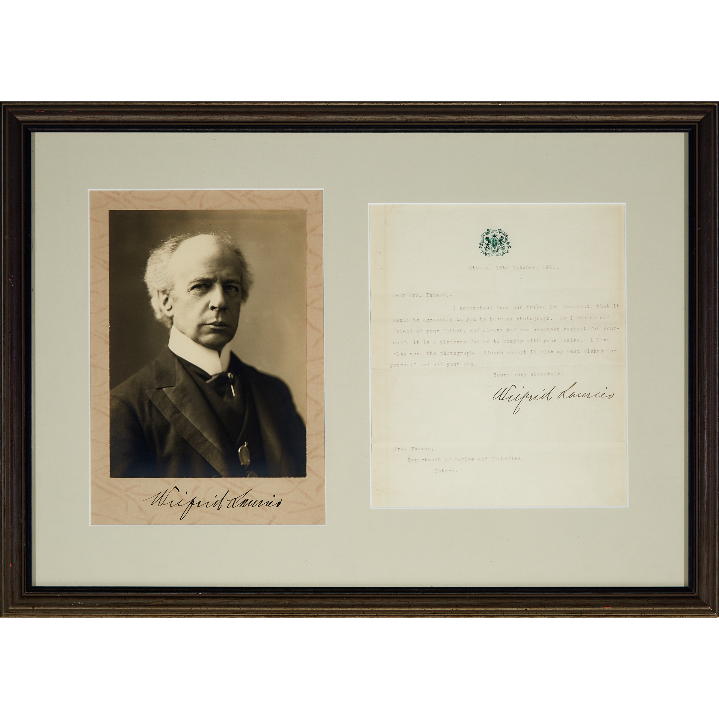 Sir Wilfrid Laurier Autographed Portrait and Letter, 1911 