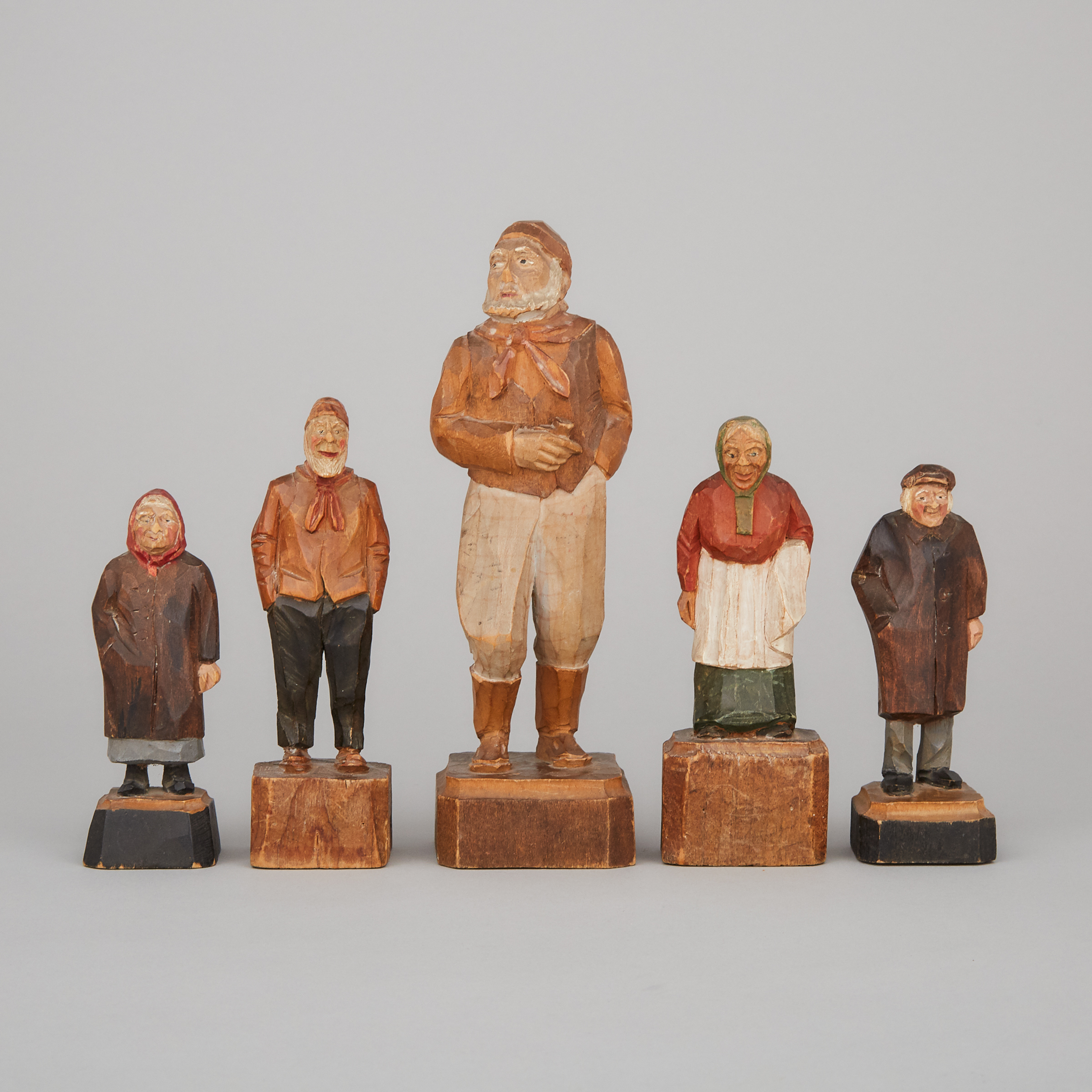 Five Saint-Jean-Port-Joli, Quebec, Habitant Figural Carvings, mid 20th century