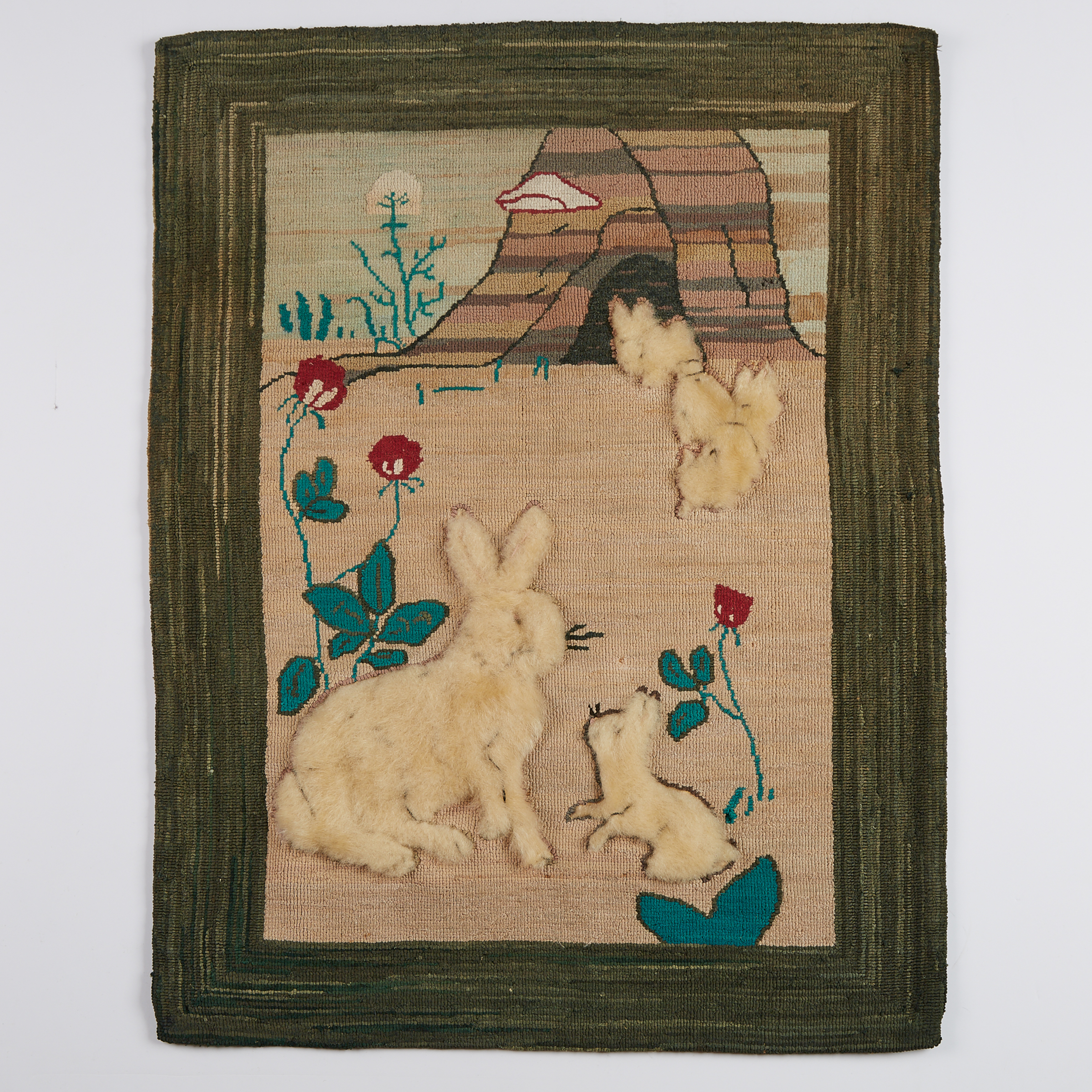 Grenfell Labrador Industries Rabbit and Poppies Hooked Mat, c.1930