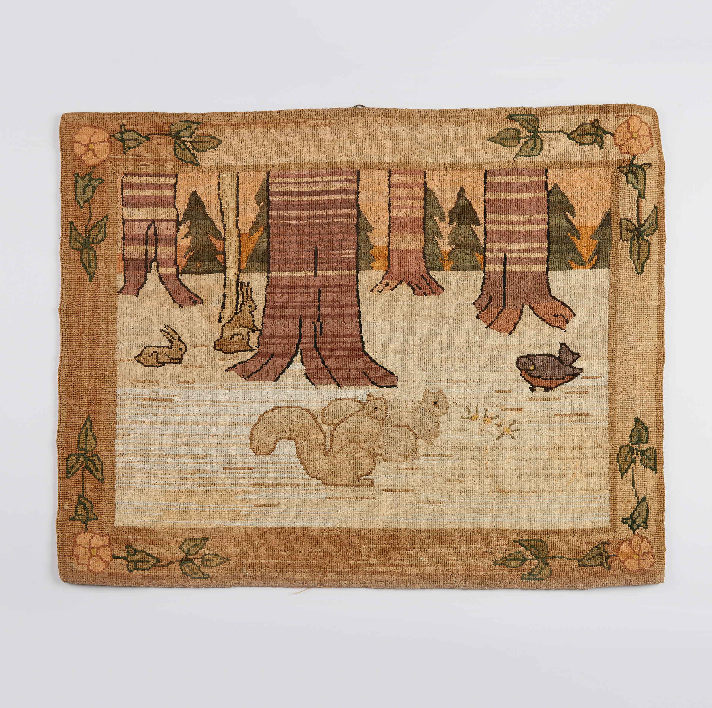 Grenfell Labrador Industries Squirrels in Forest Hooked Mat, c.1930