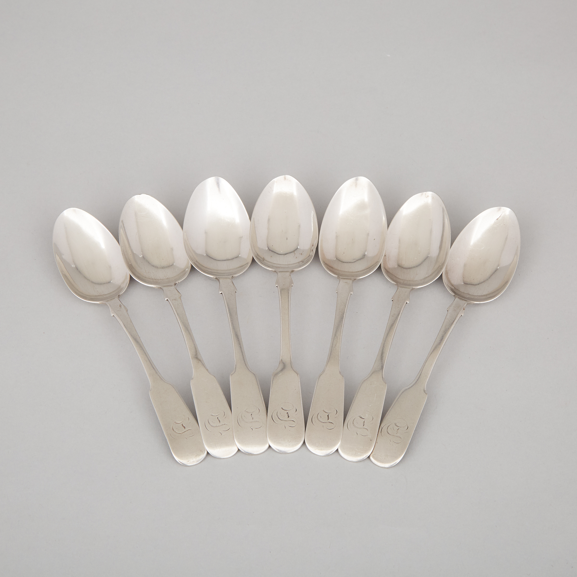 Seven Canadian Silver Fiddle Pattern Tea Spoons, Francis Bohle, Montreal, Que., c.1843-76