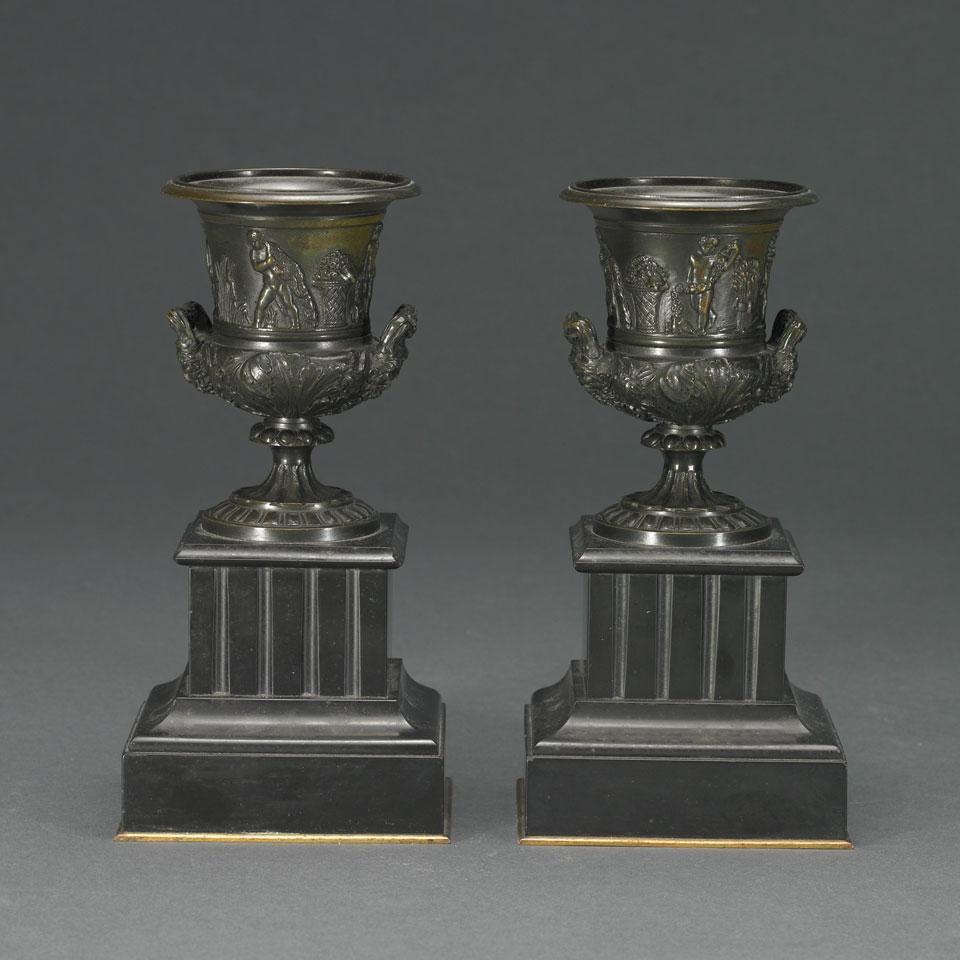 Pair of Continental Patinated Bronze  and Marble Mantel Urns, late 19th century