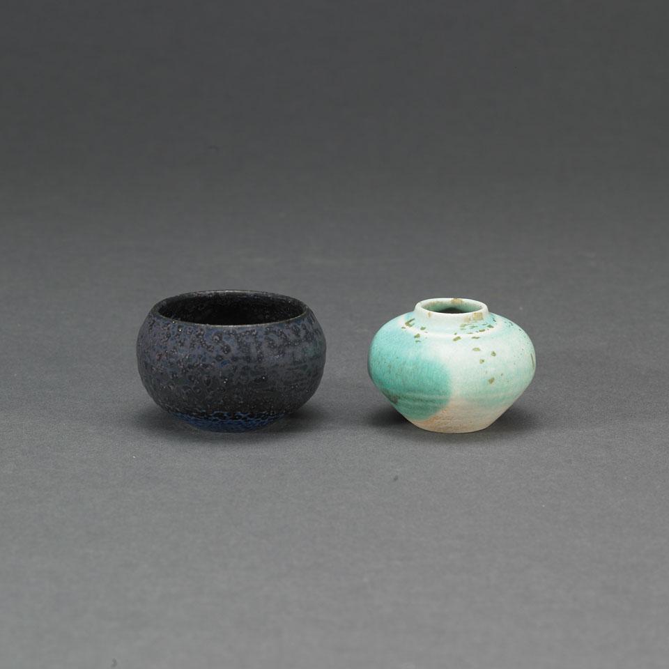 Two Deichmann Turquoise or Blue Glazed Small Vases, Kjeld & Erica Deichmann, c.1950