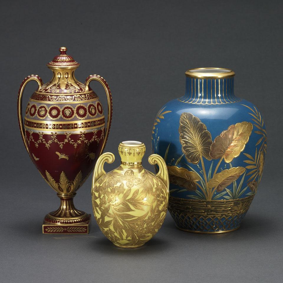 Three Derby Gilt Decorated Cabinet Vases, 1880’s
