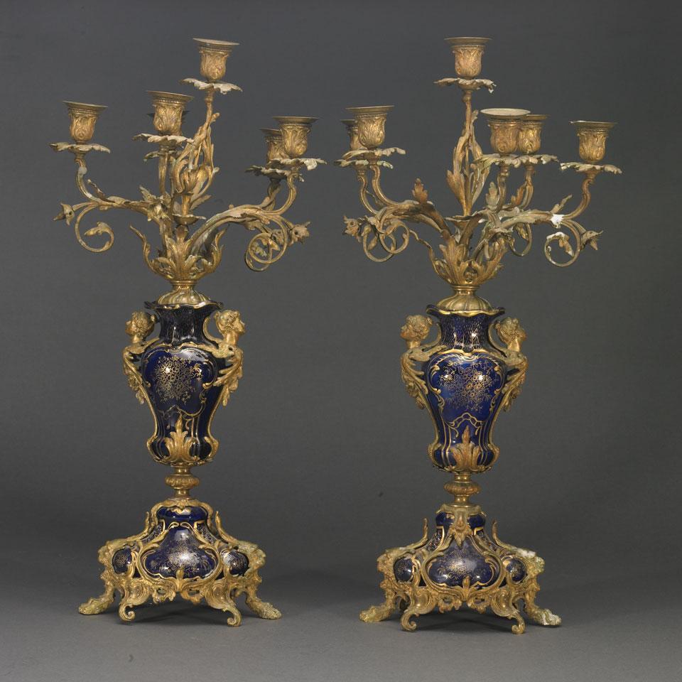 Pair of Gilt Brass Mounted Fischer Six-Light Candelabra, late 19th century