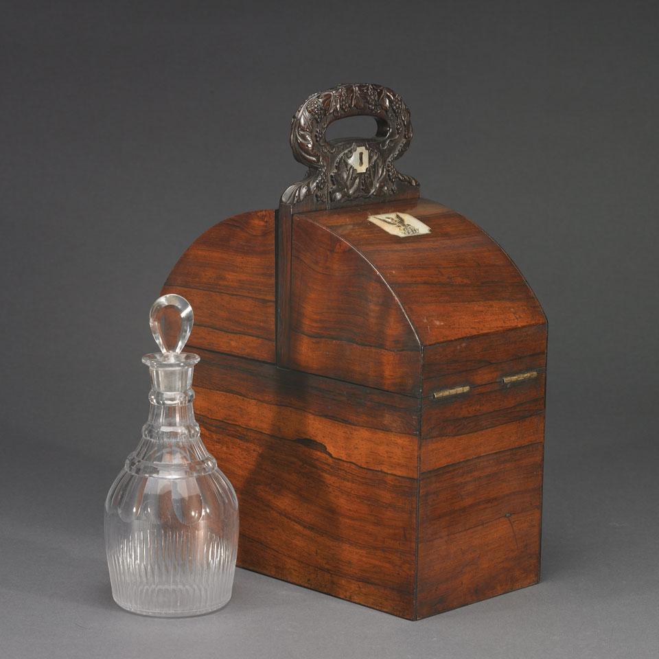 English Rosewood Two-Bottle Tantalus, H. L. Goertz, Windsor, 1830’s