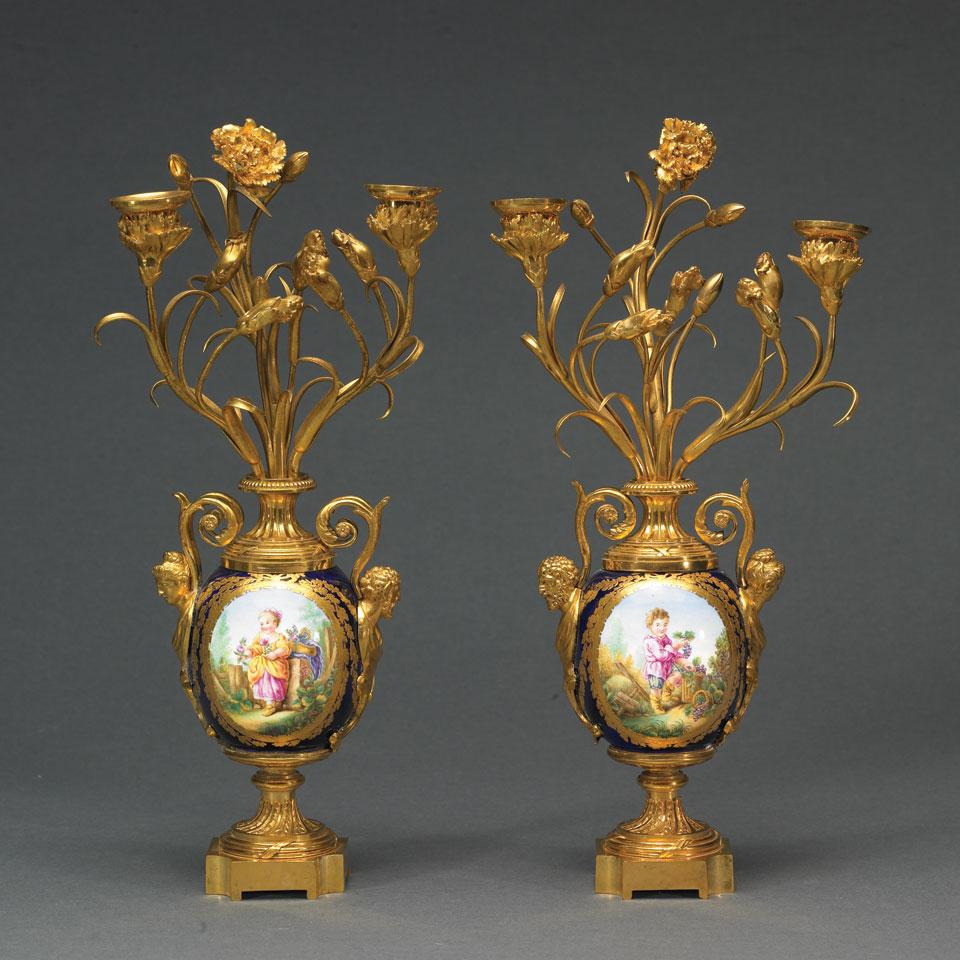 Pair of ‘Sèvres’ Porcelain Mounted Gilt Bronze Two-Light Candelabra, late 19th century