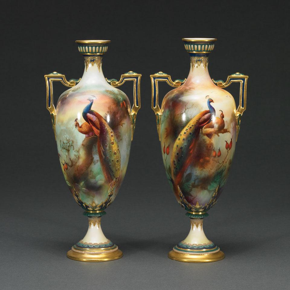 Pair of Royal Worcester Two-Handled Vases, Arthur C. Lewis, 1905