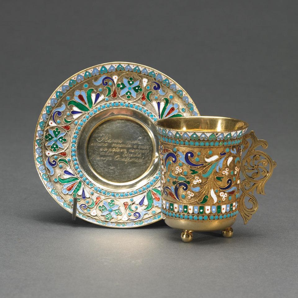 Russian Silver-Gilt and Cloisonné Enamel Cup and Saucer, Moscow, late 19th century