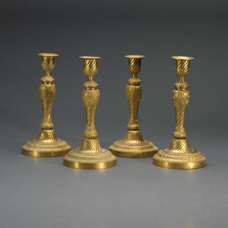 Set of Four French Gilt Bronze Candlesticks, 19th century