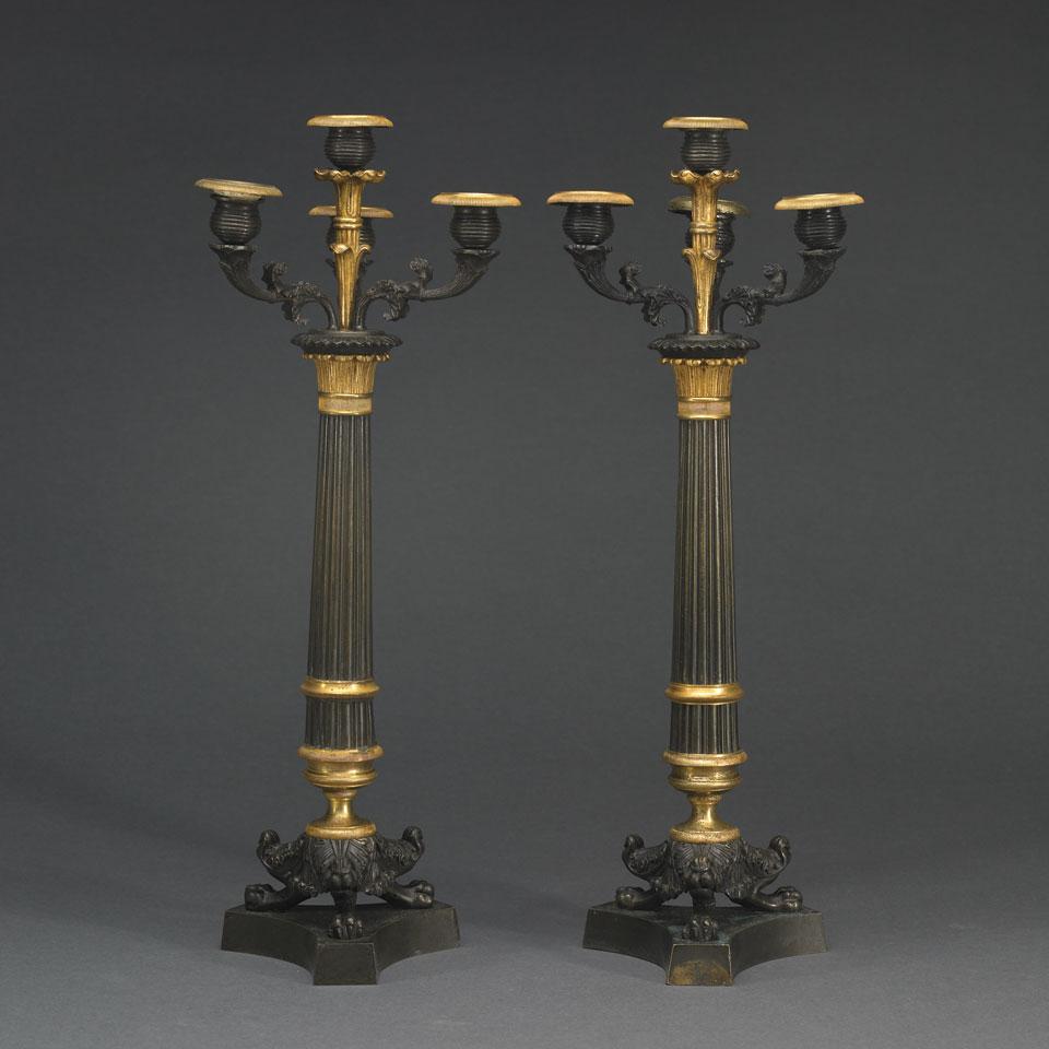 Pair of French Patinated and Gilt Bronze Four-Light Candelabra, late 19th century