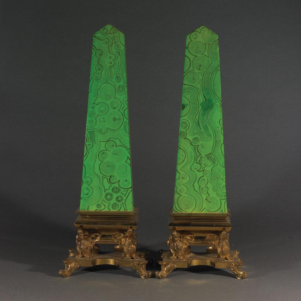 Pair of Continental Faux Malachite and Gilt Brass Obelisks, 20th century