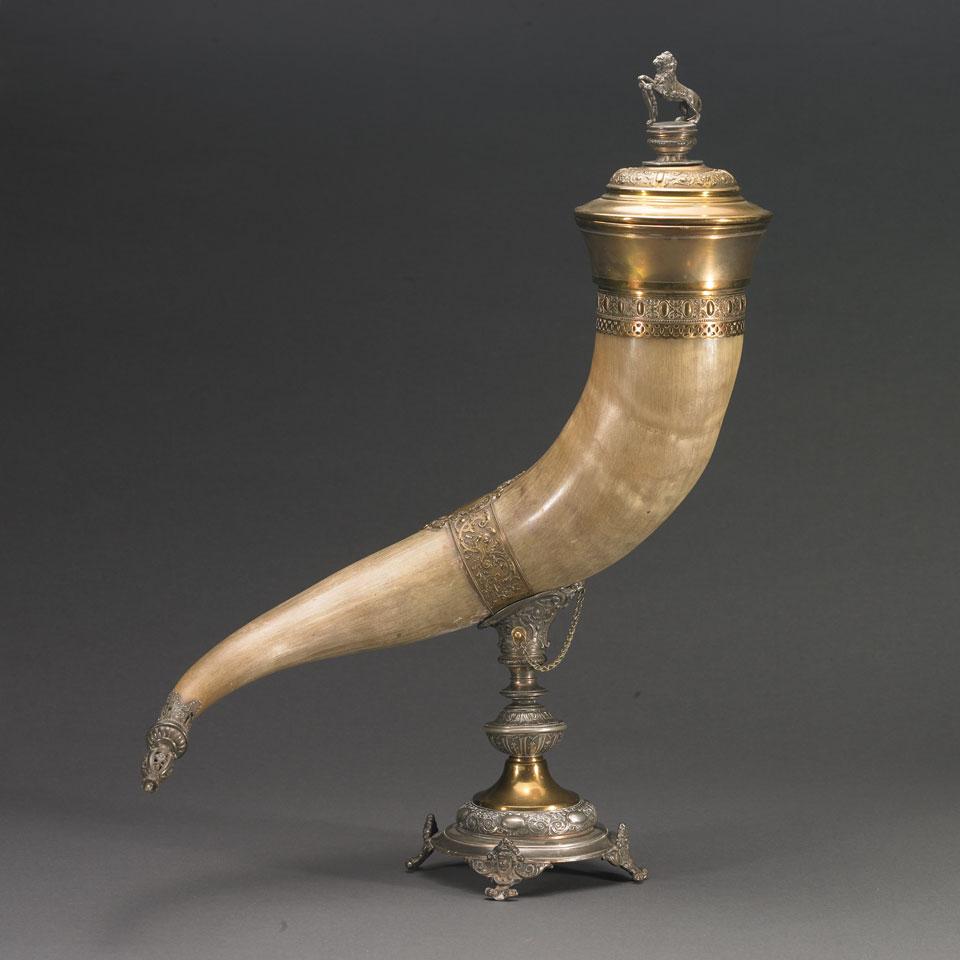 German Gilt Brass and Silvered Metal Mounted Horn Cup and Cover, late 19th century