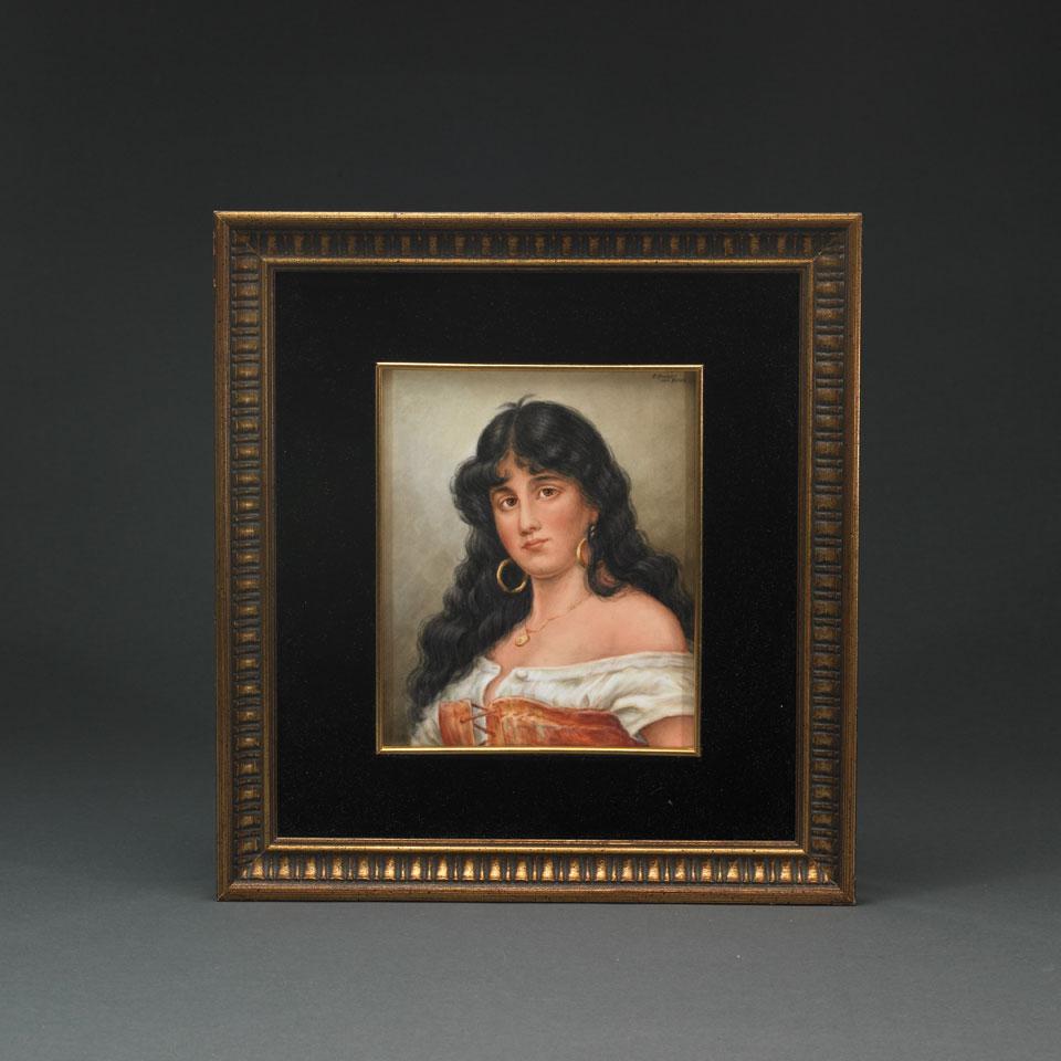 Dresden Porcelain Rectangular Portrait Plaque of a Young Woman, after Nathaniel Sichel, late 19th century