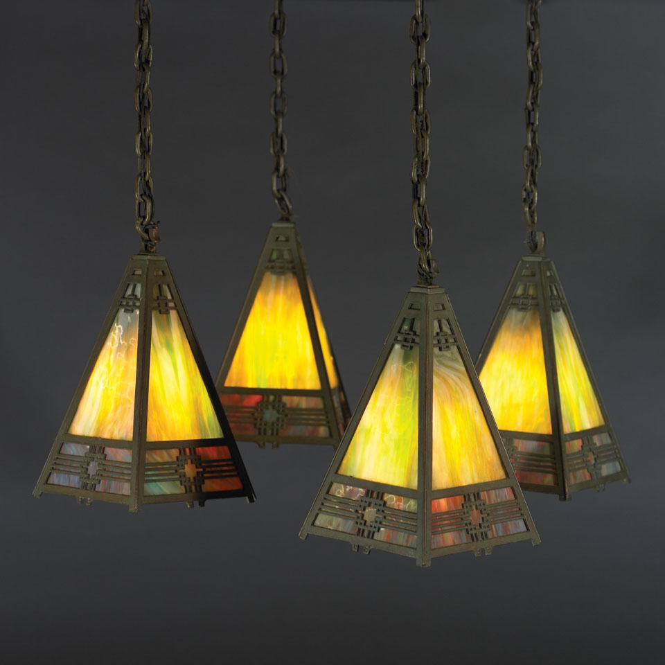 Patinated Metal and Coloured Opaque Glass Four-Light Chandelier, early 20th century