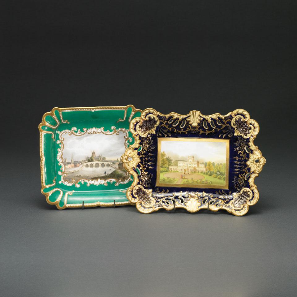 Two English Porcelain Scenic Paneled Rectangular Dishes, second quarter of the 19th century
