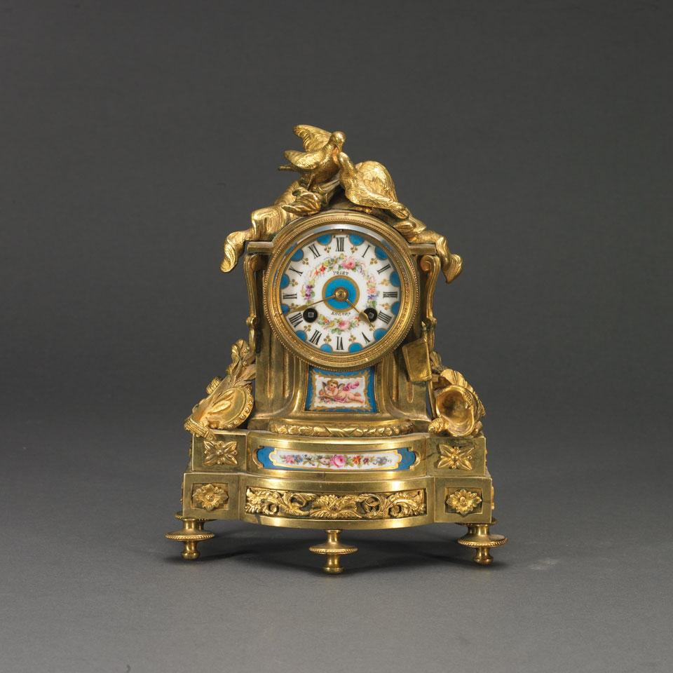 French Porcelain Mounted Gilt Bronze Cased Mantel Clock, Priet Angers