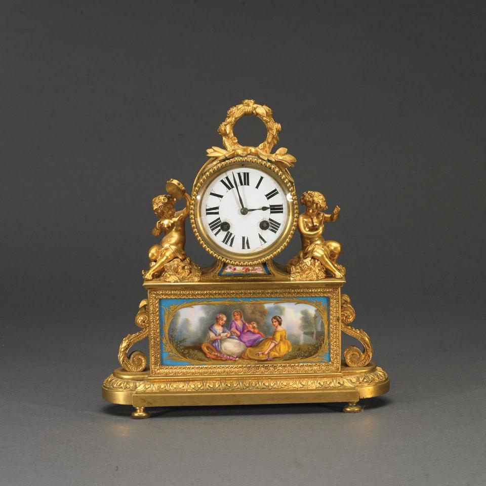 French Porcelain Mounted Gilt Metal Cased Mantel Clock, Lenoir à Paris, late 19th century