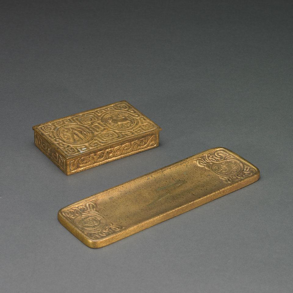 Tiffany Studios Gilt Bronze ‘Zodiac’ Rectangular Box and a Pen Tray, early 20th century