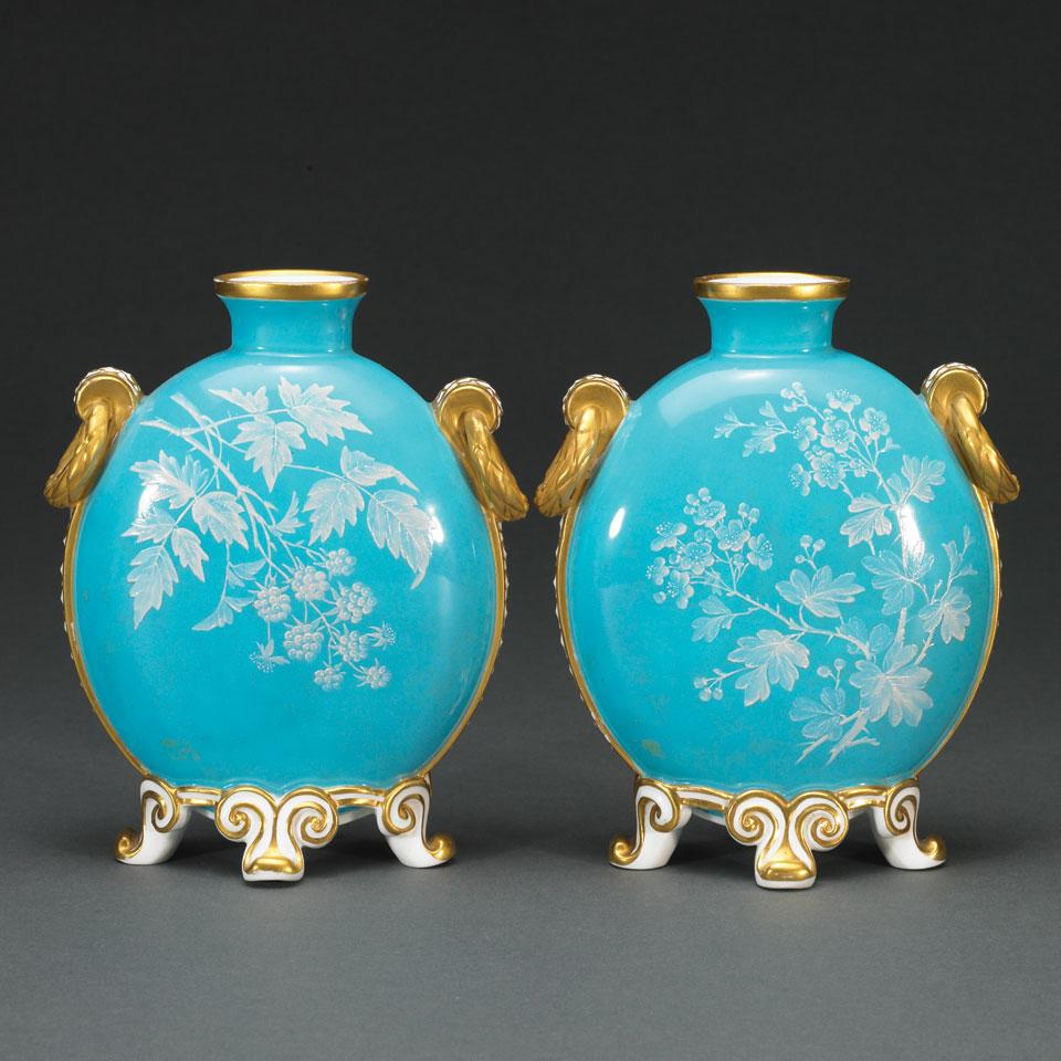 Pair of Derby Turquoise Ground Pâte-sur-Pâte Moon Flask Vases, for Tiffany & Co., c.1880