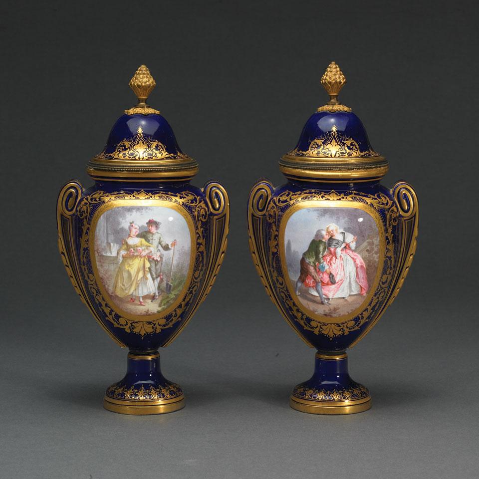 Pair of ‘Sèvres’ Blue Ground Vases and Covers, late 19th century