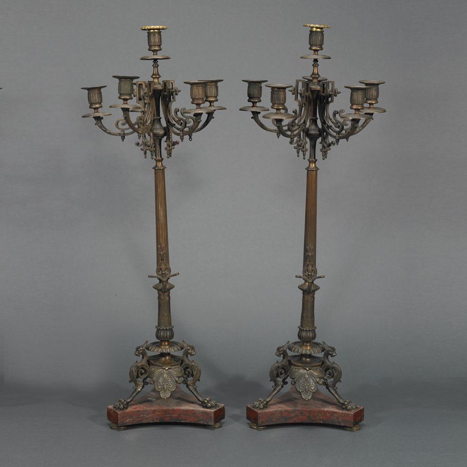 Pair of Continental Patinated Bronze Six-Light Candelabra, late 19th century