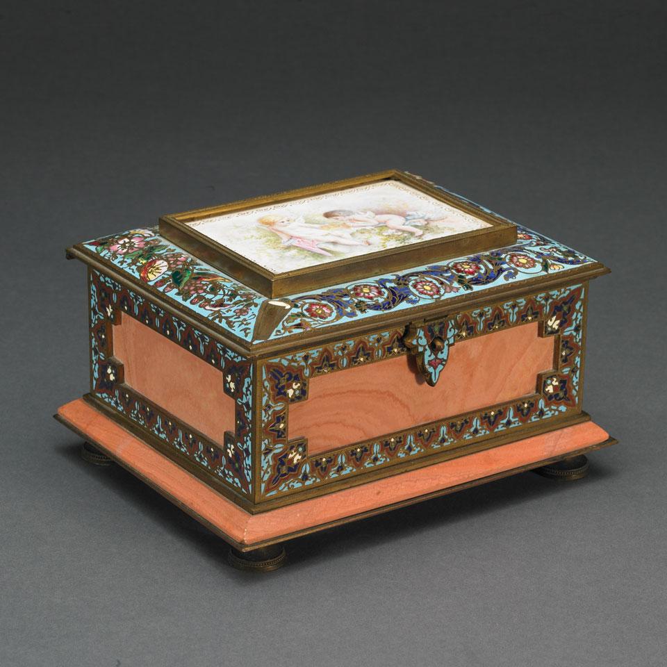 Painted French Earthenware Mounted Red Marble and Champlevé Enameled Gilt Bronze Casket, c.1900