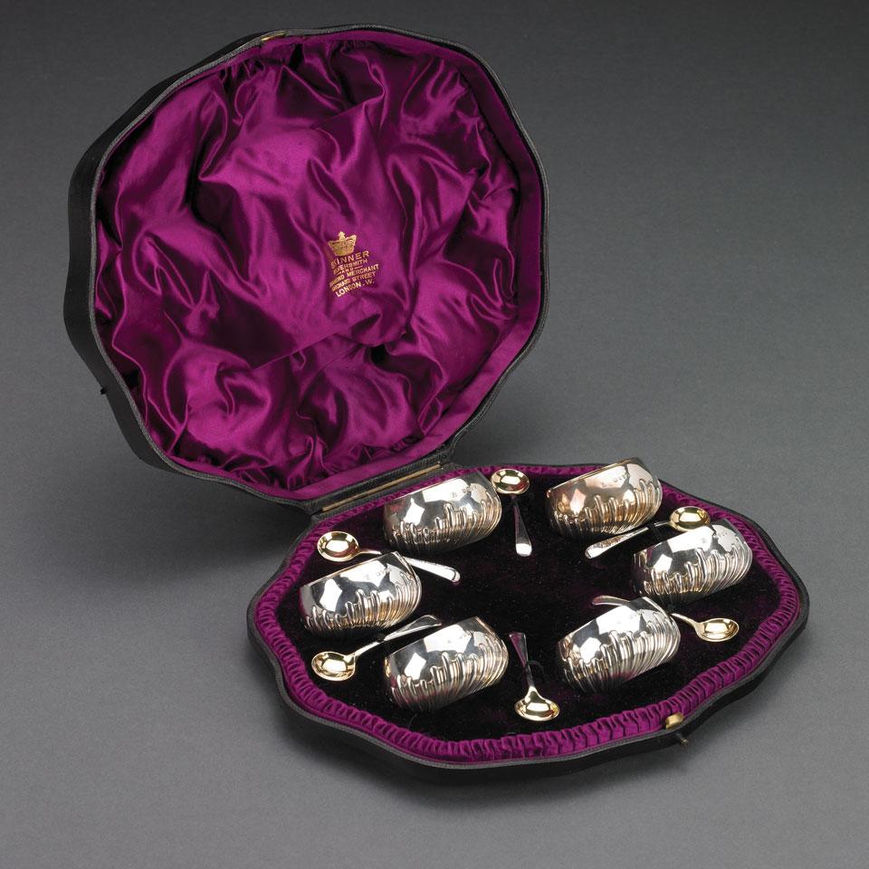 Cased Set of Six Victorian Silver Salts with Spoons, Edward Hutton, London, 1888