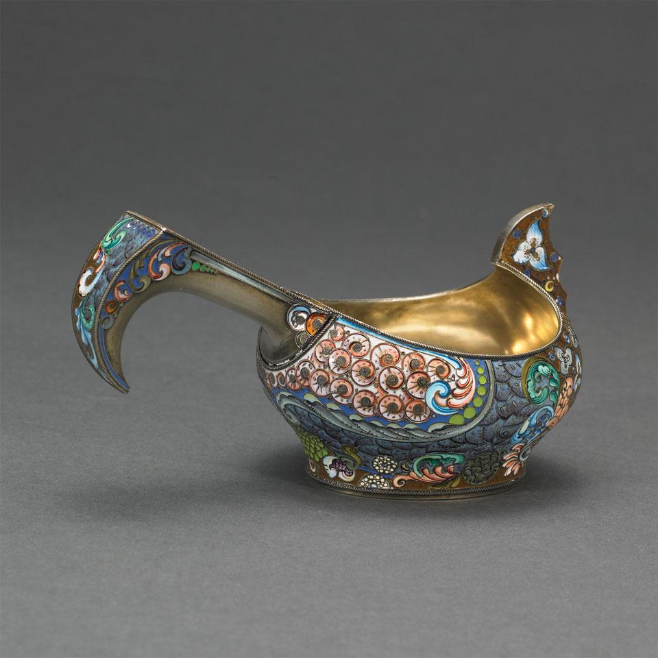 Russian Silver and Shaded Cloisonné Enamel Kovsh, The Eleventh Artel, Moscow, c.1908-17