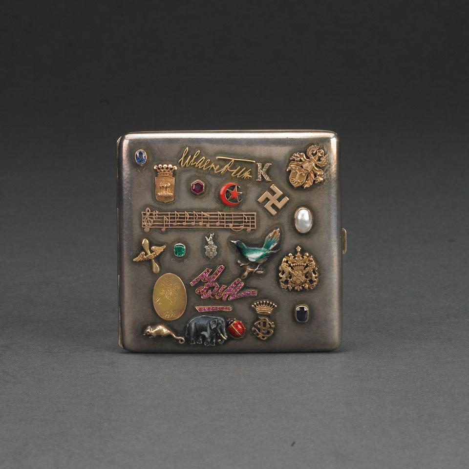 German Jeweled and Enameled Silver and Gold Memento Cigarette Case, early 20th century