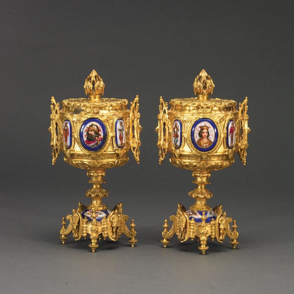 Pair of Continental Porcelain Mounted Gilt Metal Covered Urns, late 19th century