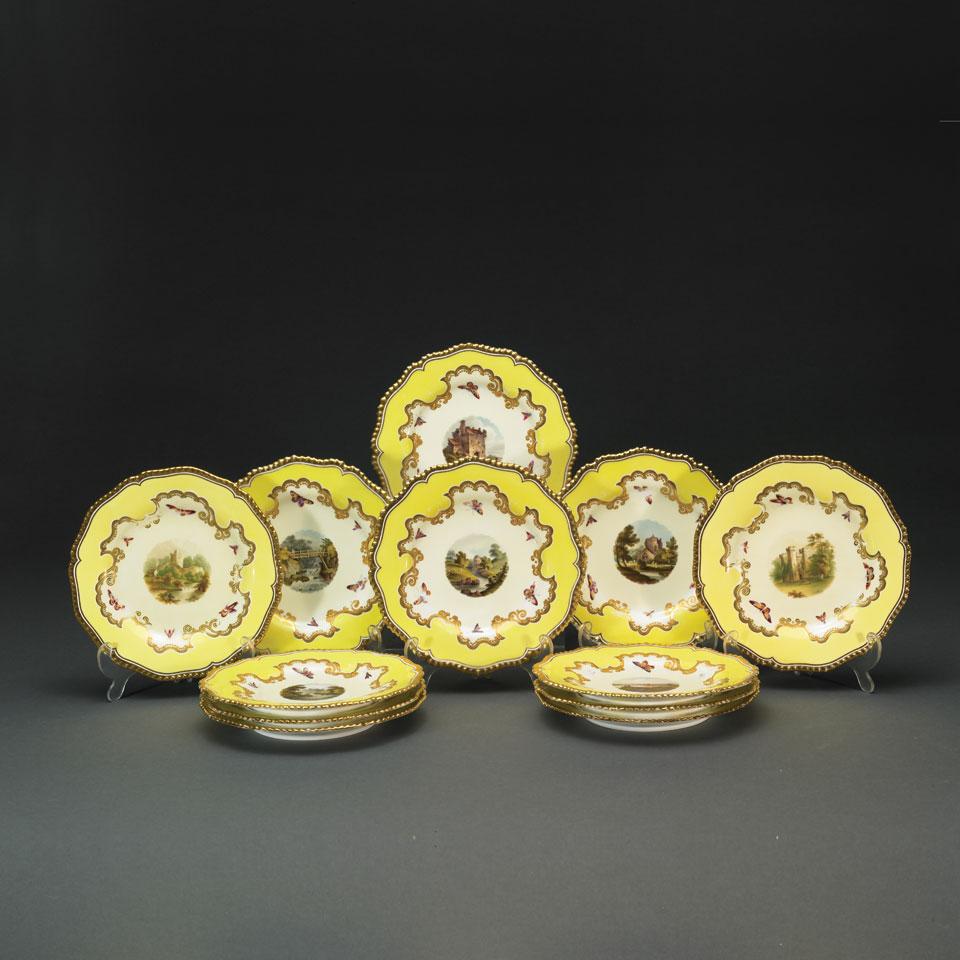 Twelve Flight, Barr & Barr Worcester Yellow Banded Scenic Plates, c.1825