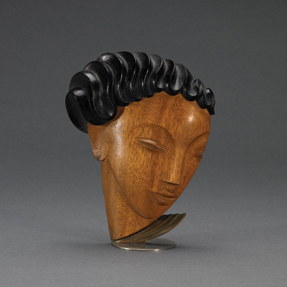 Hagenauer Werkstätte Carved Wood and Bronze Head of a Woman, 1930’s