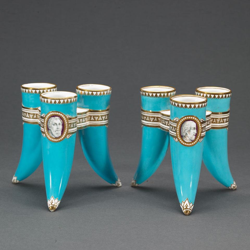 Pair of Minton Turquoise Ground Three-Footed Vases, 1865