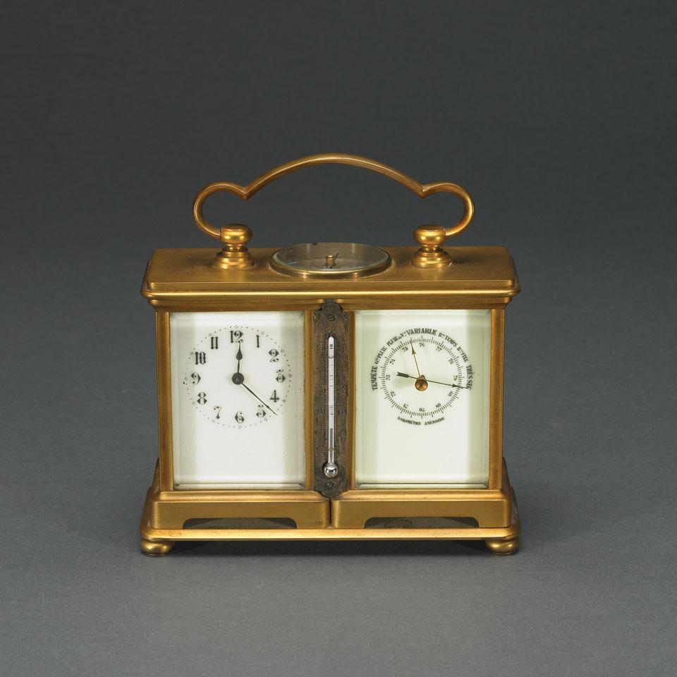 French Gilt Brass Cased Carriage Clock with Barometer, Thermometer and Compass Combined, c.1900