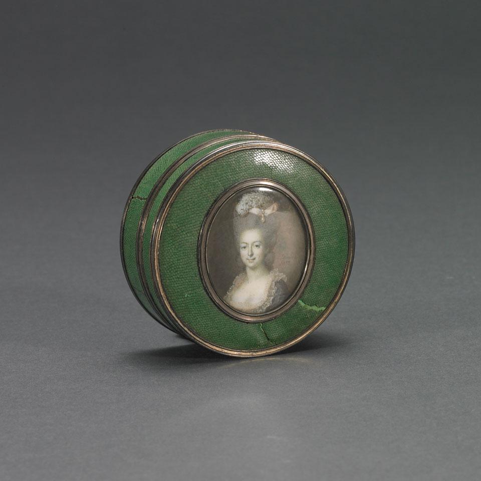 Silver Mounted Shagreen and Tortoiseshell Circular Box with Miniature Portrait, late 18th century