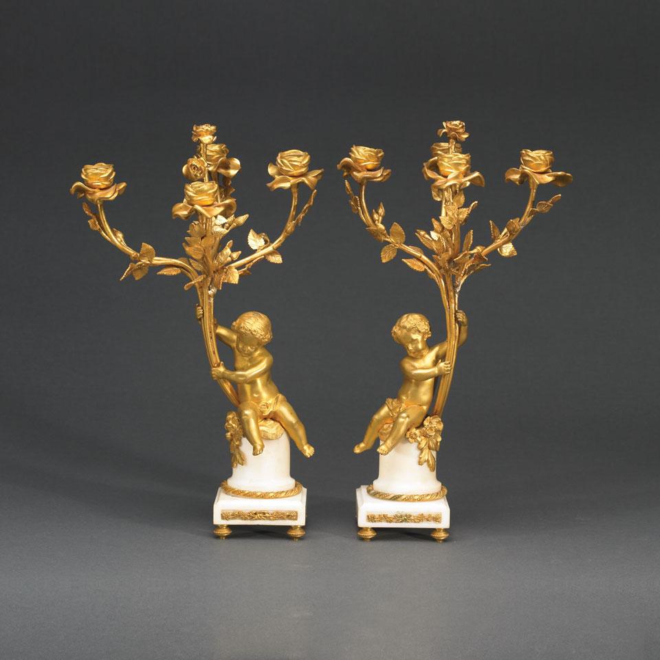 Pair of French Gilt Bronze and Marble Four-Light Candelabra, late 19th century