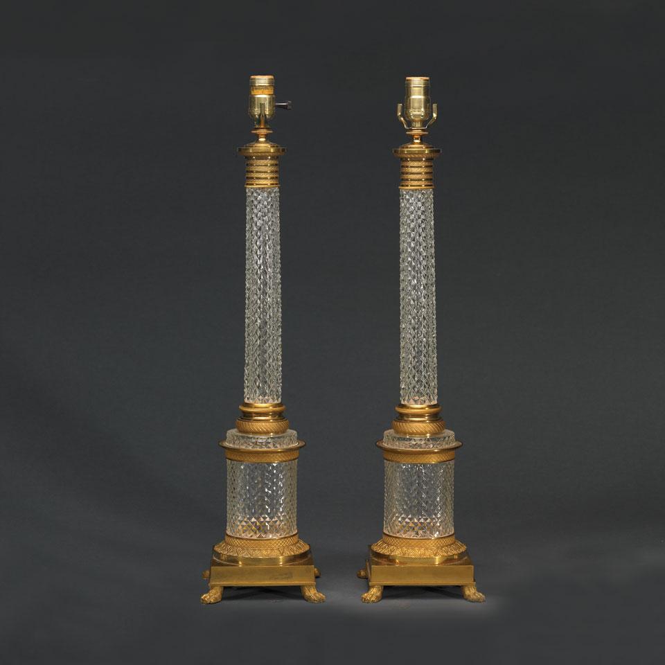 Pair of Continental Gilt Bronze and Cut Glass Columnar Table Lamps, 20th century