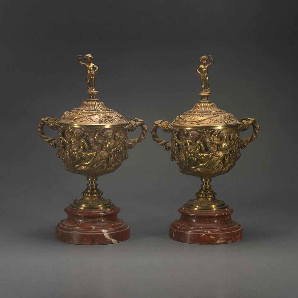 Pair of Continental Gilt Bronze and Marble Lidded Urns, early 20th century
