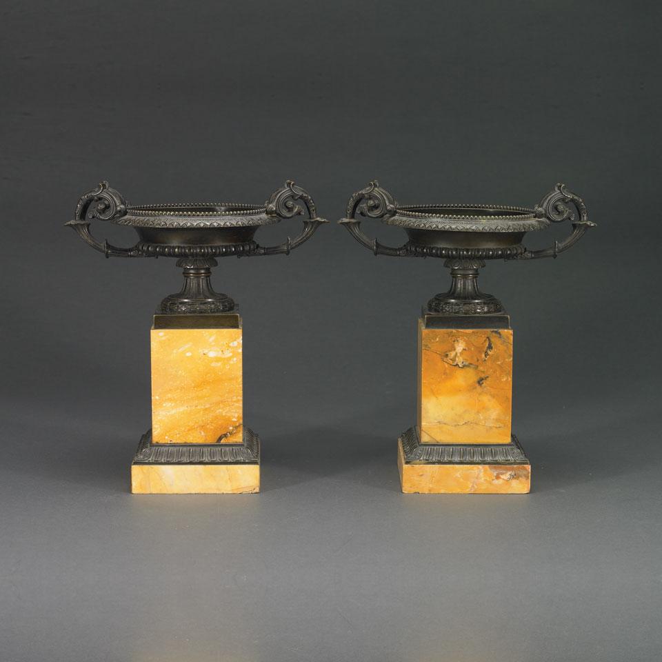 Pair of Continental Patinated Bronze  and Veined Marble Mantel Urns, late 19th century