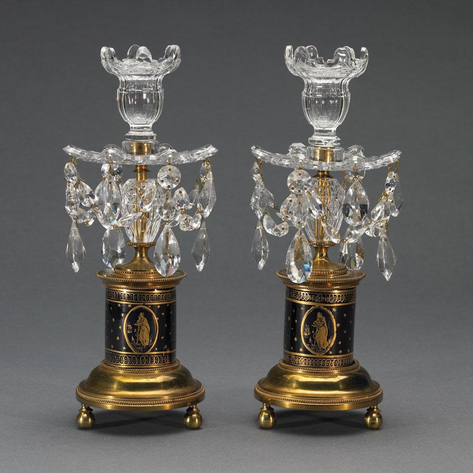 Pair of English Cut Glass Candlesticks with Gilt Blue Glass and Brass Bases, late 18th century
