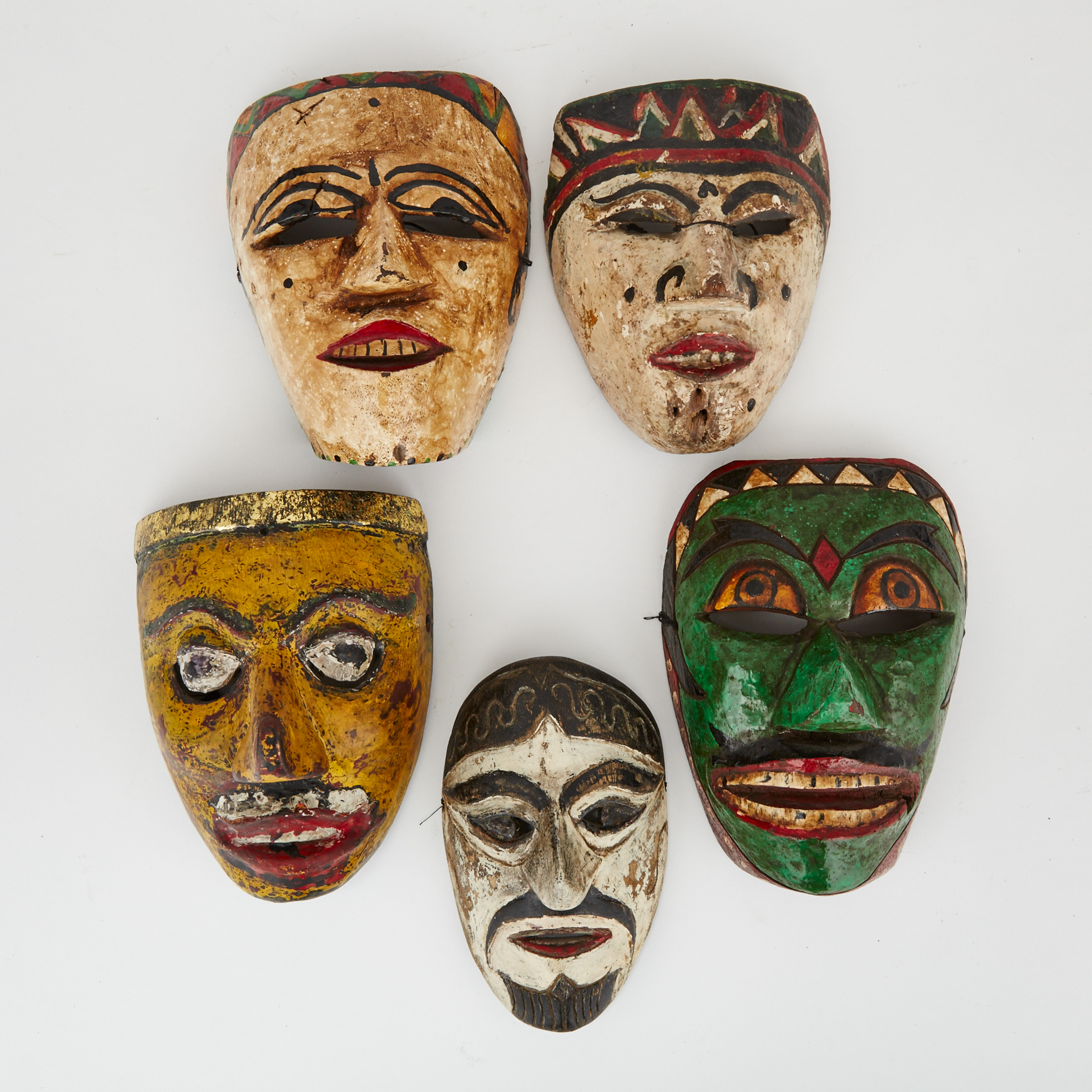 Five Carved and Painted Wood Masks, Java, Indonesia 