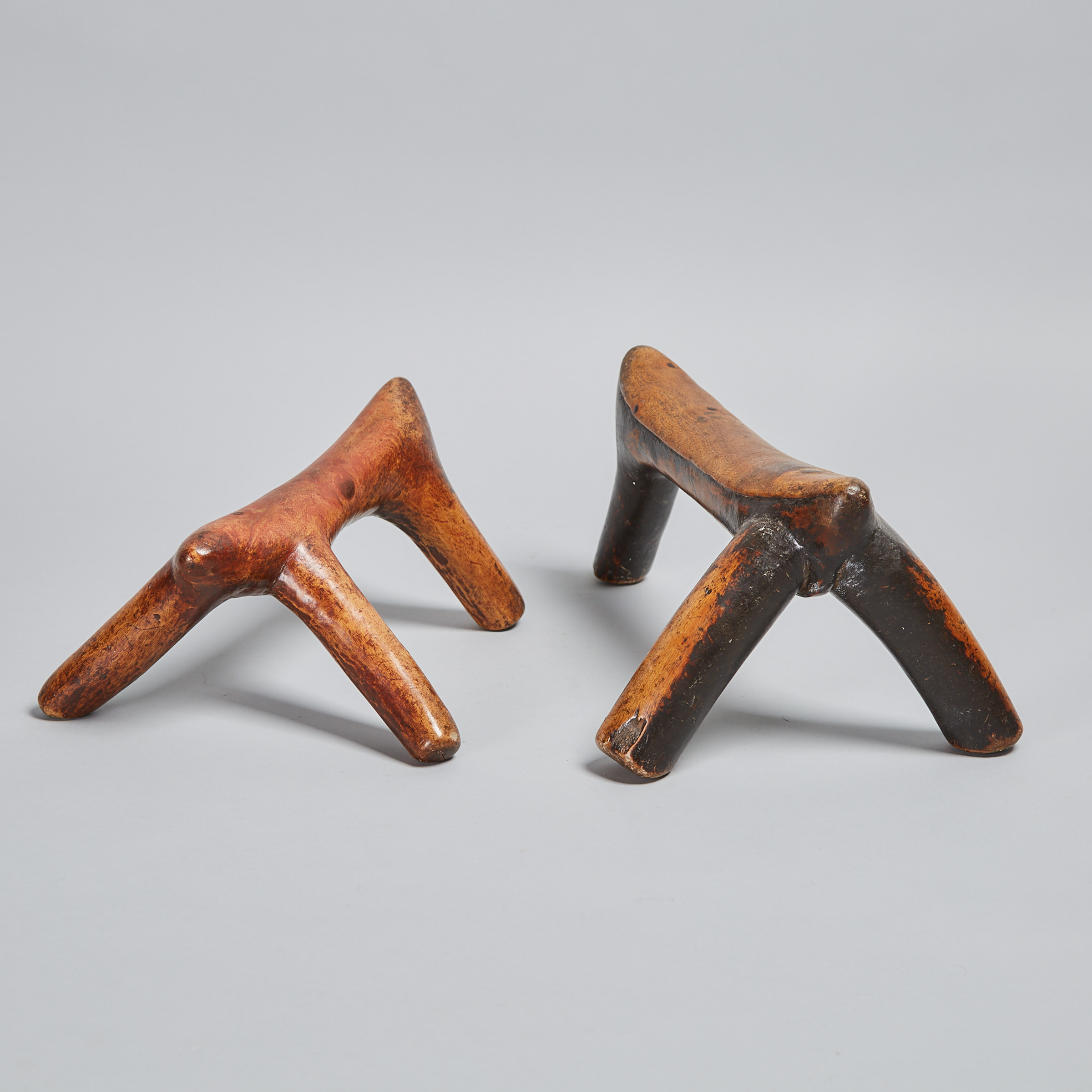 Two Kenyan Carved Branch Headrests, East Africa