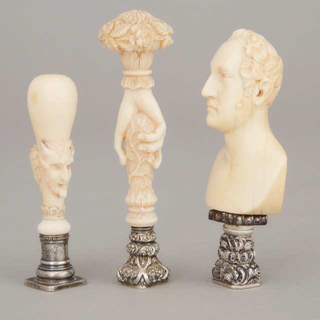 Three Victorian Silver Mounted Ivory Desk Seals, mid 19th century
